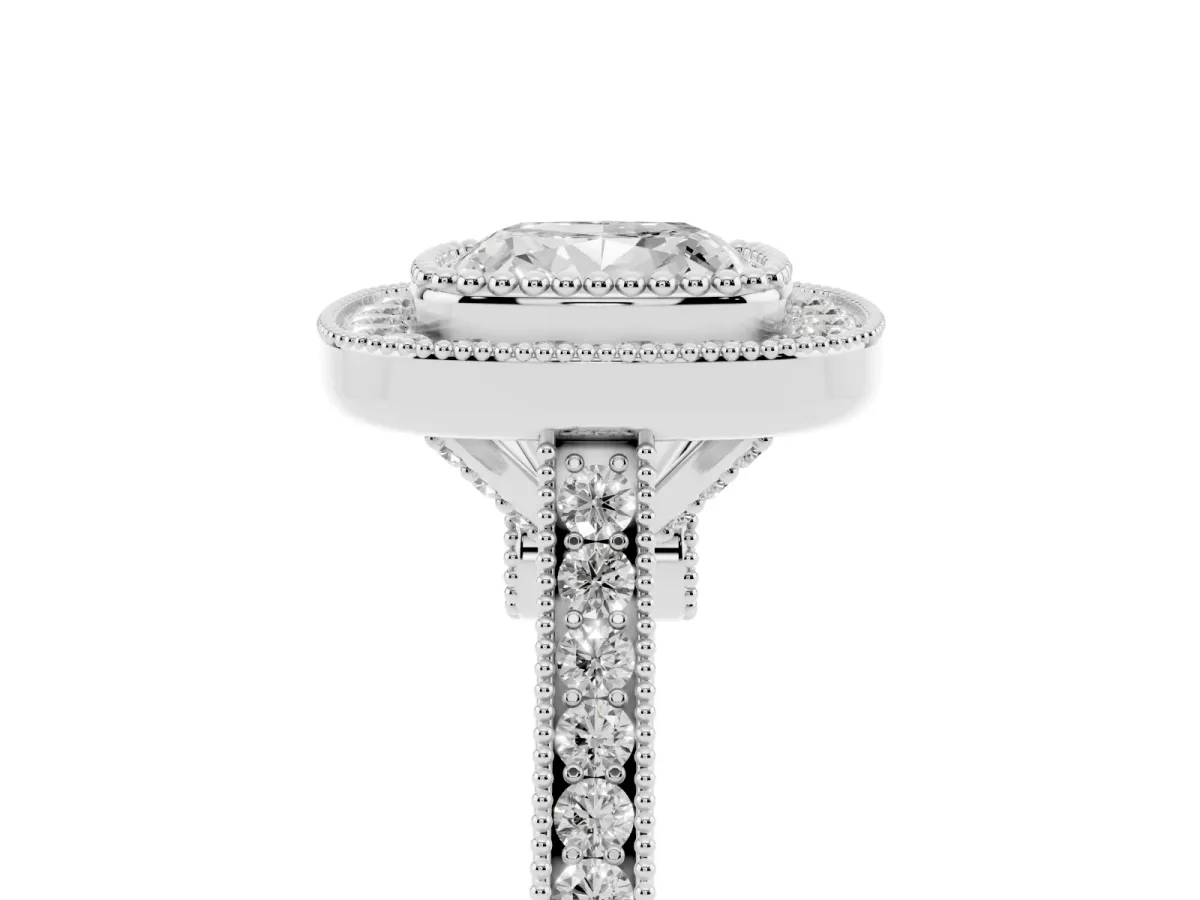 Cushion Cut Diamond Halo Ring with Milgrain Frame and Pavé Band Silver