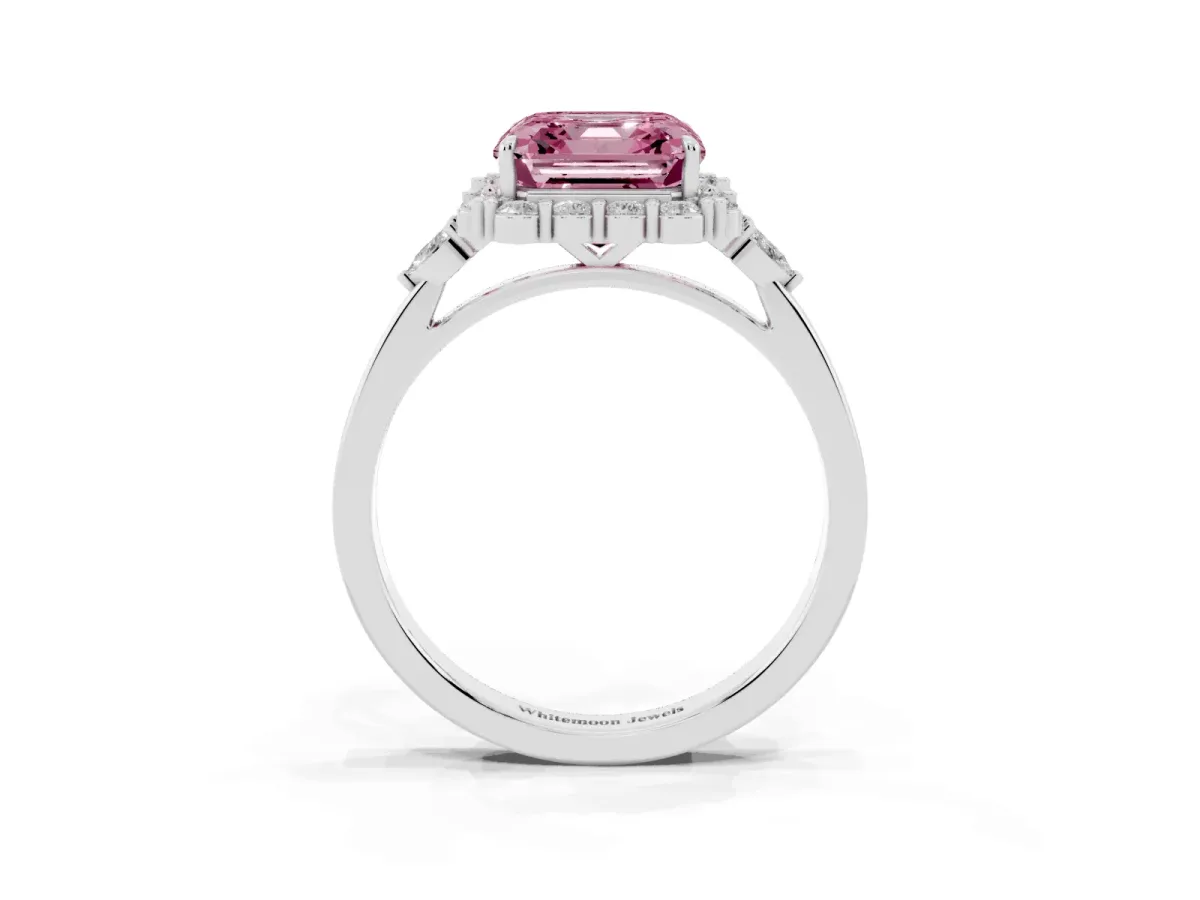 Fancy Pink Asscher Cut Diamond Halo Ring with Pear Side Stones and Prong Setting Silver