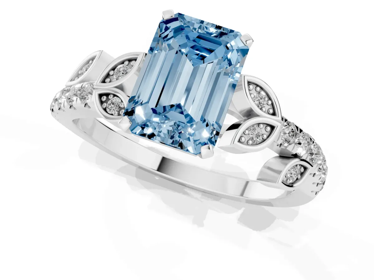 Fancy Blue Emerald Cut Solitaire Leaf-Inspired Diamond Ring with Pavé Band and Four-Prong Setting Silver