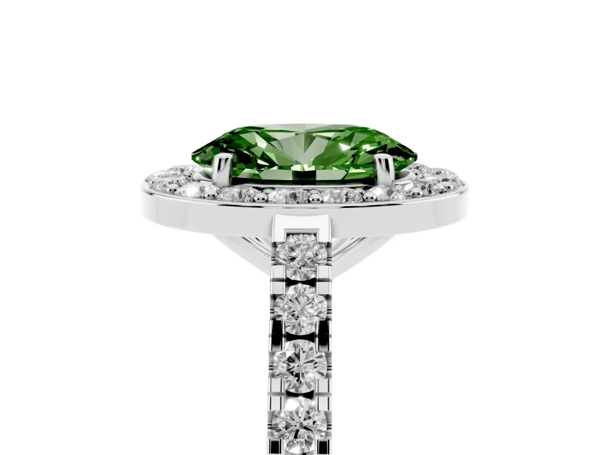 Fancy Green Oval Cut Diamond Halo Ring with Round Pavé Split Shank and Prong Setting Silver