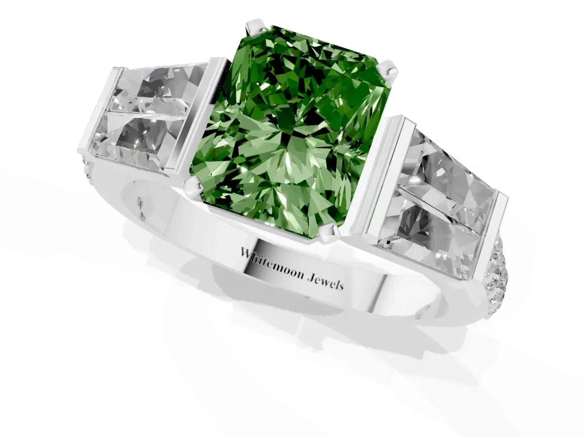 Fancy Green Radiant Cut Diamond Engagement Ring with Baguette Side Stones and Channel Set Band Silver