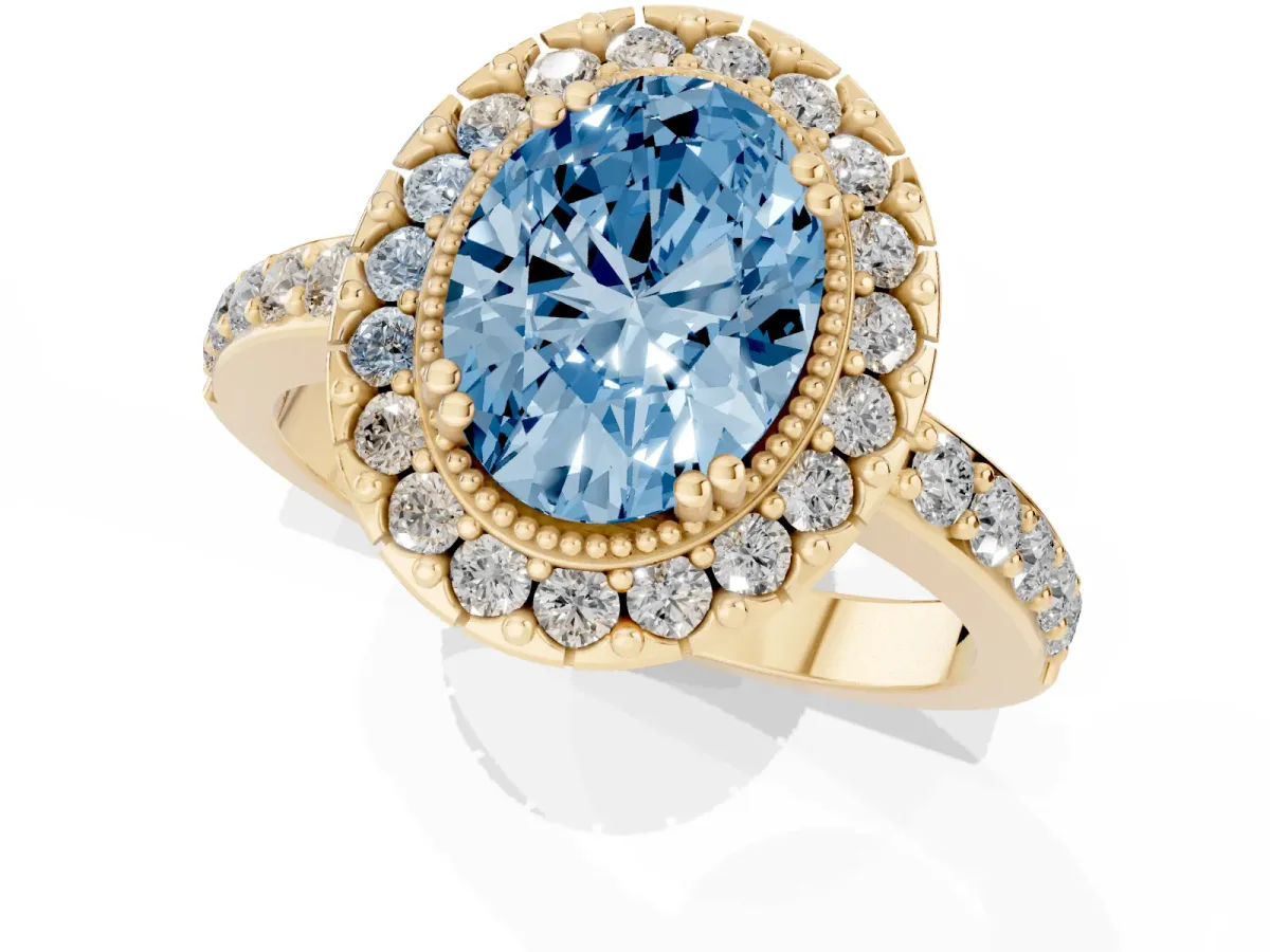 Fancy Blue Oval Cut Diamond Halo Ring with Pavé Band and Prong Setting Yellow gold