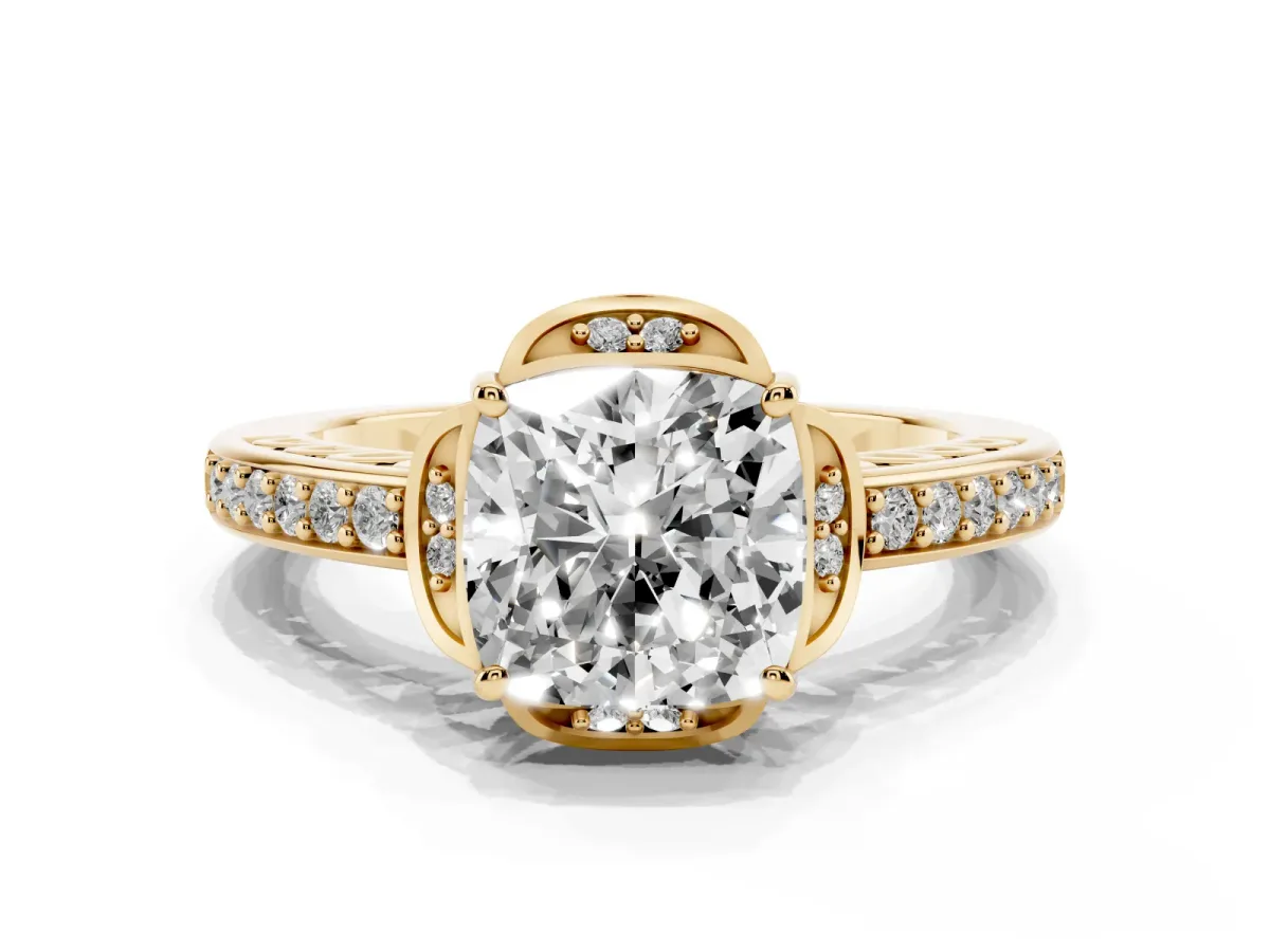 Cushion Cut Cut Halo Diamond Ring with Channel Set Band and Four-Prong Setting Yellow gold