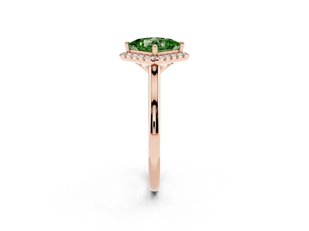 Fancy Green Princess Cut Halo Round Diamond Solitaire Engagement Ring with Pave Band and Four-Prong Setting Rose gold