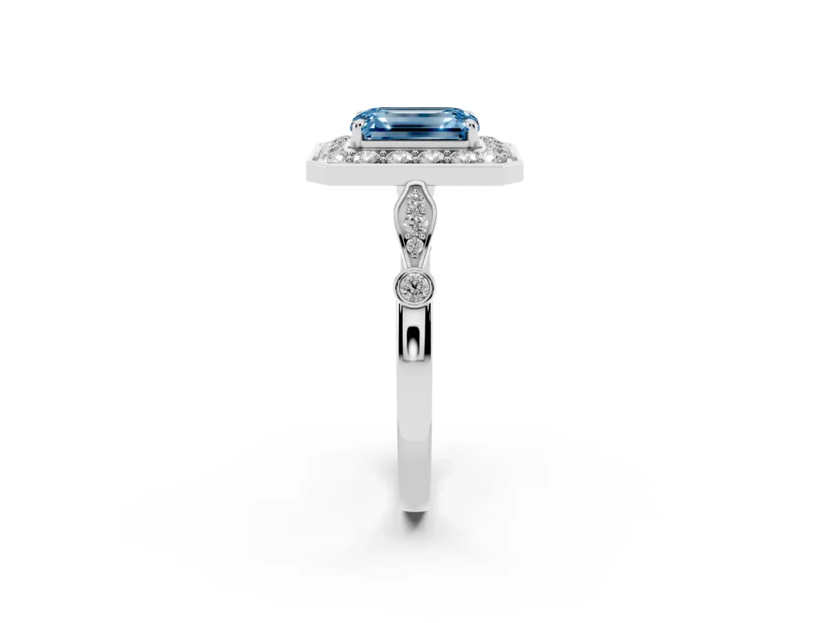 Fancy Blue Emerald Cut Halo Diamond Engagement Ring with Twisted Band and Four-Prong Setting Silver