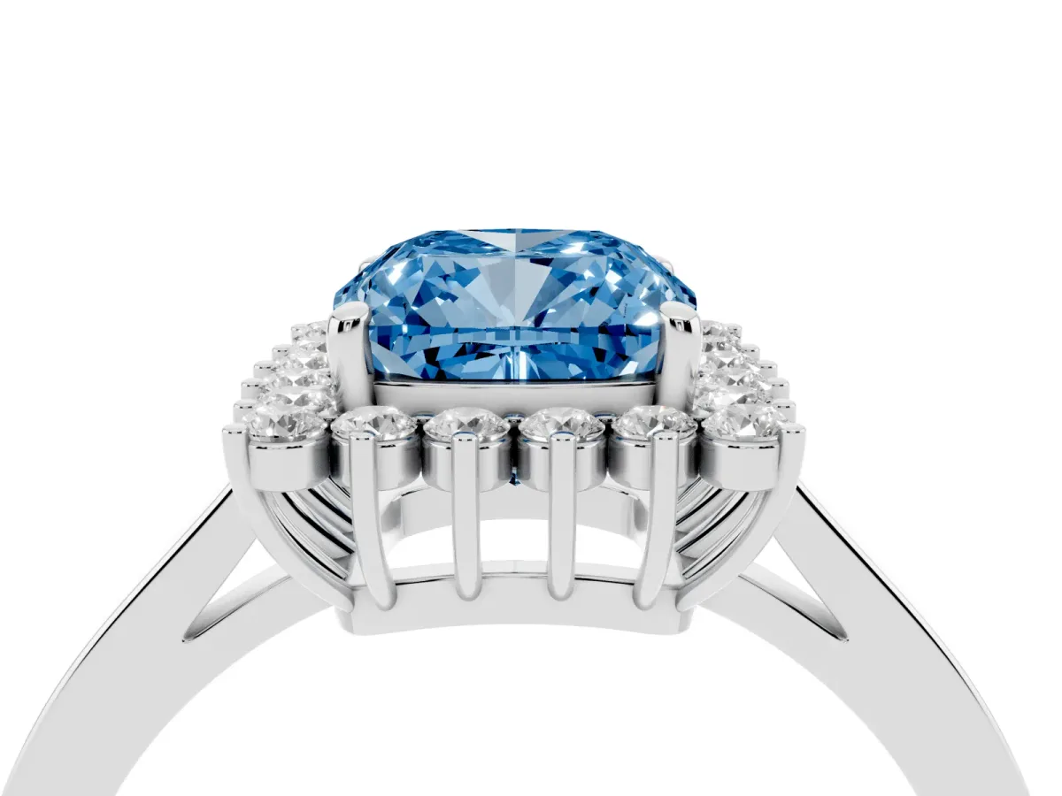 Fancy Blue Cushion Cut Cut Diamond Halo Ring with Round Brilliant Halo and Solitaire Band Silver