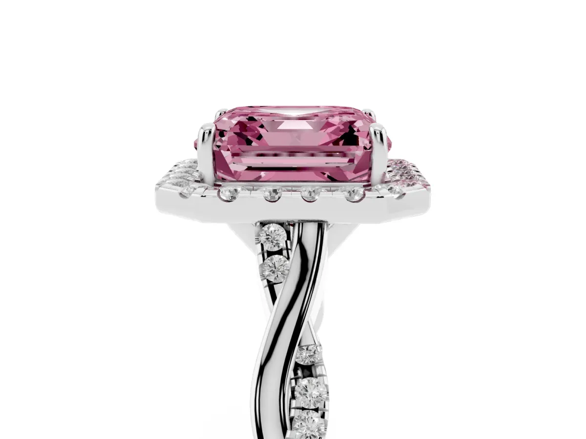 Fancy Pink Asscher Cut Halo Twist Band Solitaire Ring Silver
