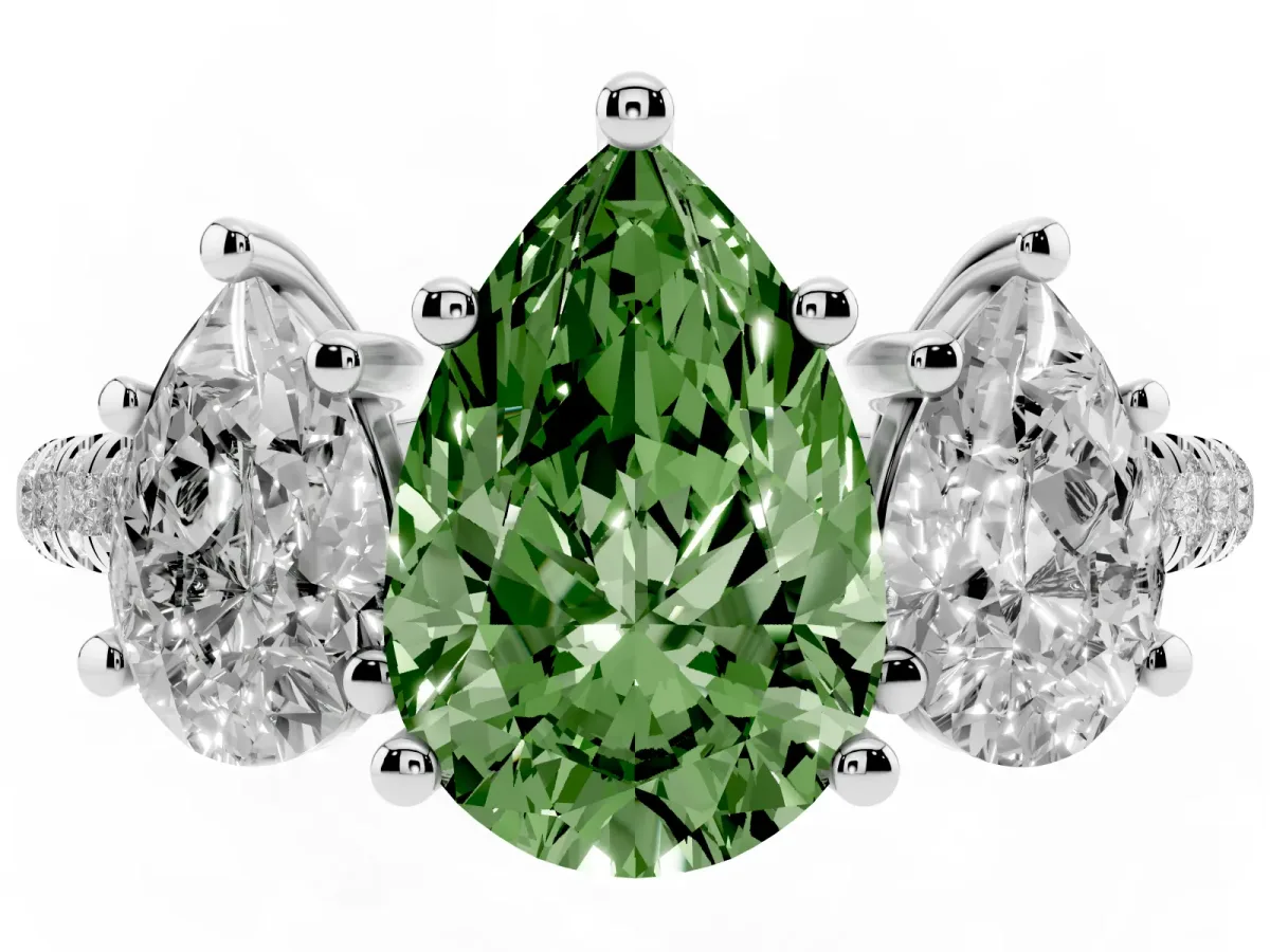 Fancy Green Three-Stone Pear Cut Diamond Ring with Round Pavé Band and Prong Setting Silver