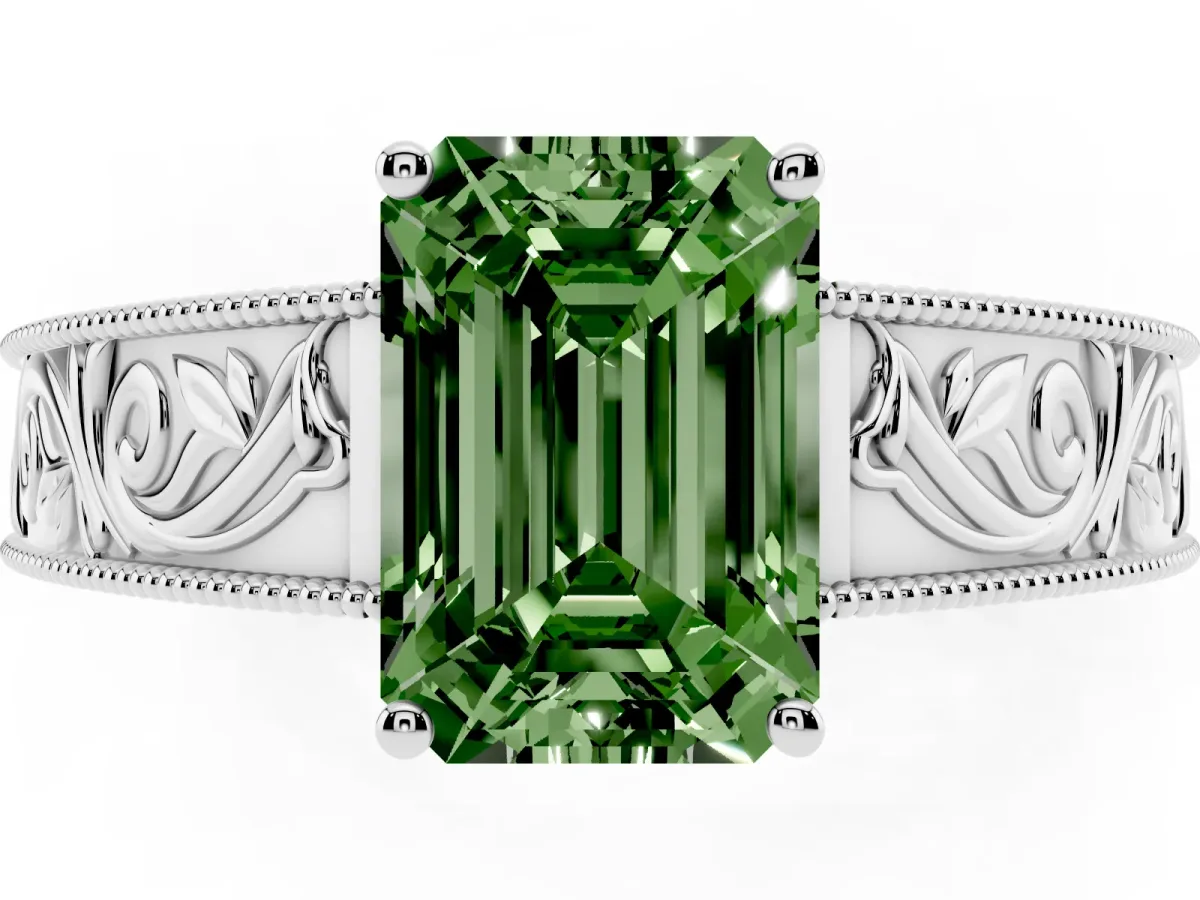 Fancy Green Emerald Cut Diamond Solitaire Ring with Engraved Band and Four-Prong Setting White gold
