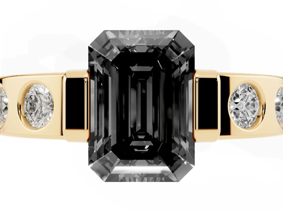 Fancy Black Emerald Cut Brilliant Channel-Set Diamond Ring with Bezel Prong Setting Yellow gold