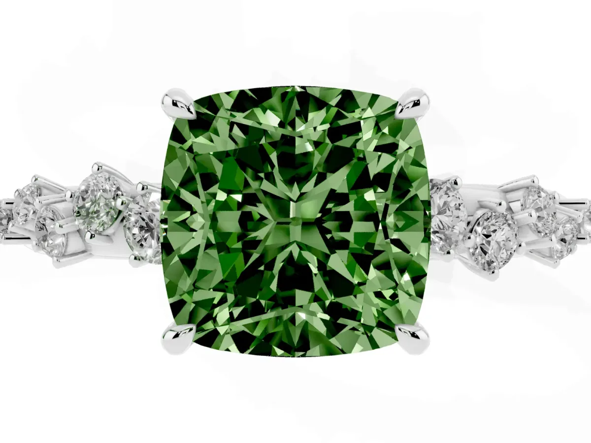 Fancy Green Cushion Cut Diamond Cluster Side Stone Solitaire Ring with Prong Setting Platinum