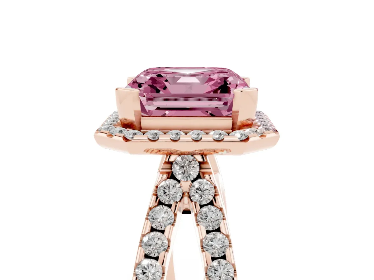 Fancy Pink Asscher Cut Diamond Halo Ring with Split Shank Pavé Band and Prong Setting Rose gold