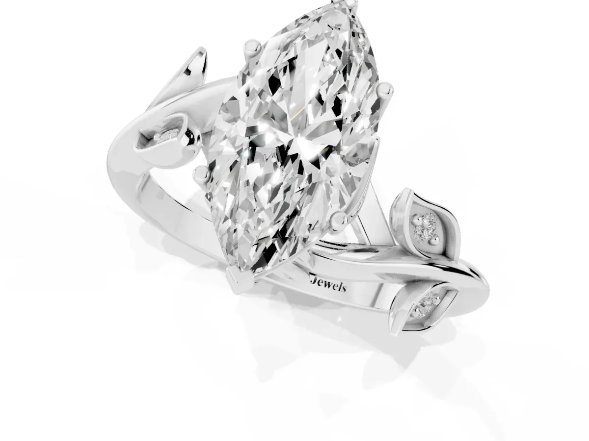 Marquise Cut Solitaire Twist Engagement Ring with Leaf Accents and Prong Setting Platinum