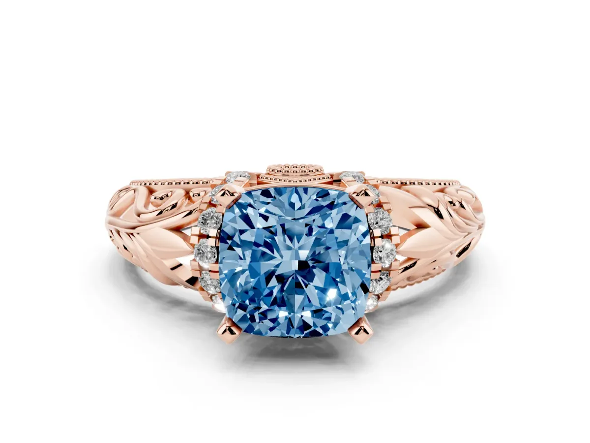 Fancy Blue Cushion Cut Solitaire Filigree Engagement Ring with Halo and Prong Setting Rose gold