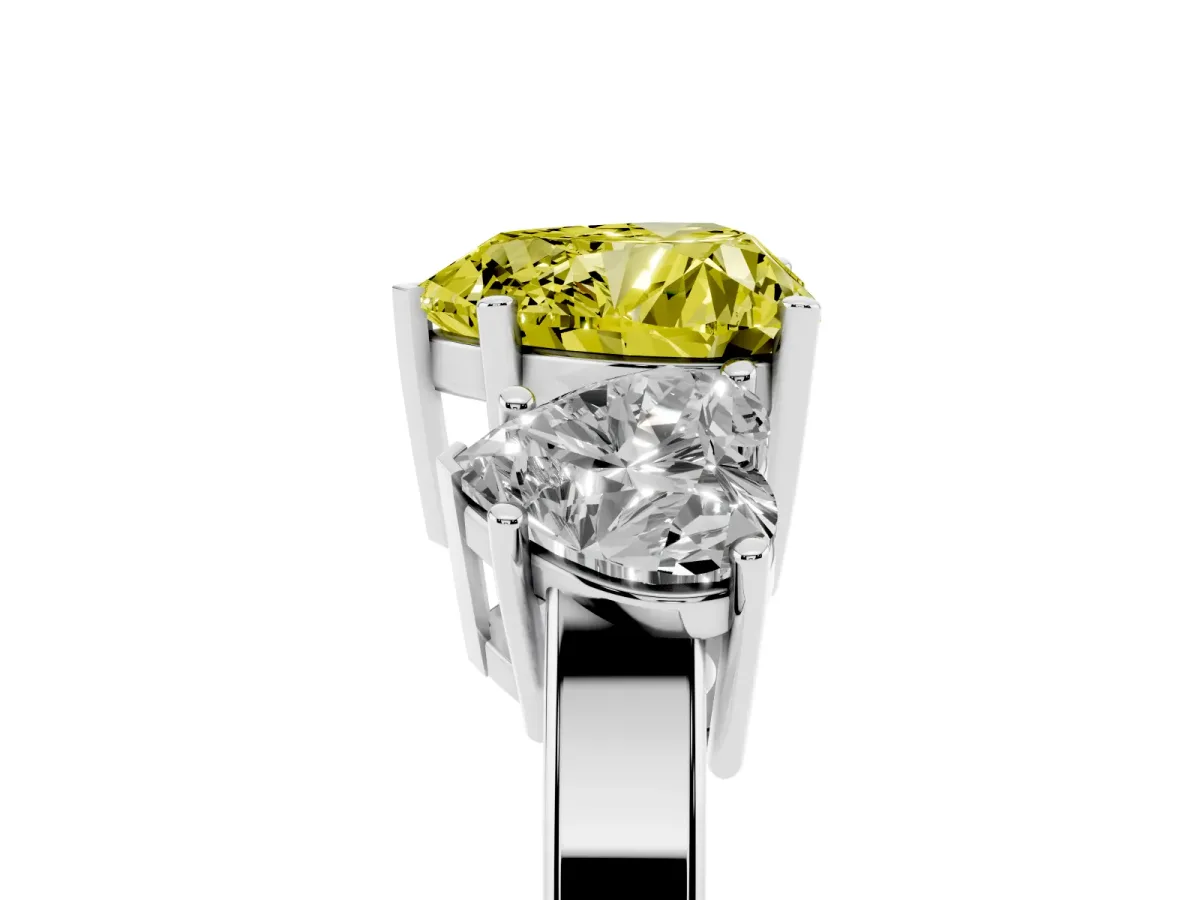 Fancy Yellow Three-Stone Heart Cut Cut Diamond Engagement Ring with Flat Band and Four-Prong Setting Silver