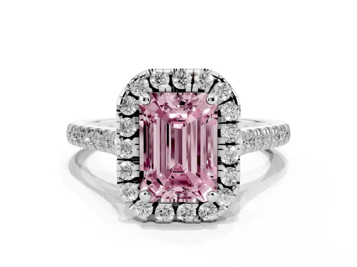 Fancy Pink Emerald Cut Diamond Cushion Halo Ring with Pavé Band Silver