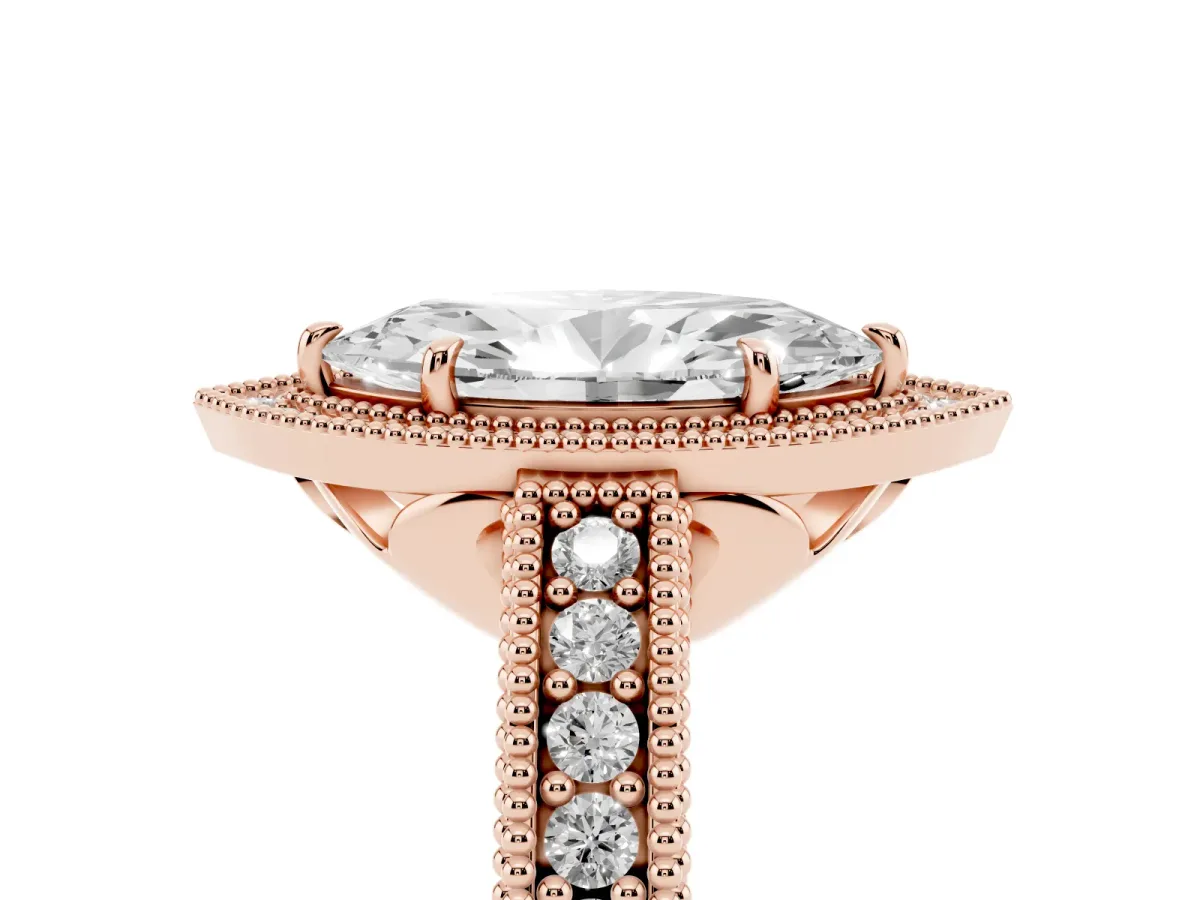 Marquise Cut Cut Halo Diamond Ring with Pavé Band and Four-Prong Setting Rose gold