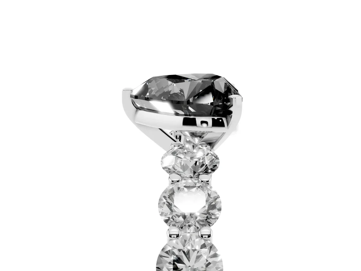 Fancy Black Heart Cut Diamond Prong Setting with Side Stones on a Pave Band Silver