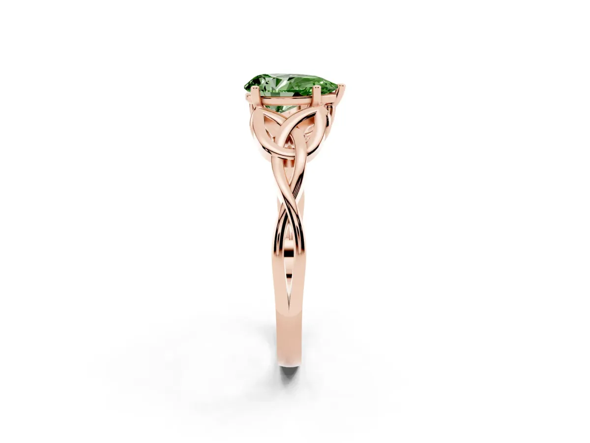 Fancy Green Pear Cut Diamond Solitaire Engagement Ring with Celtic Knot Band and Four-Prong Setting Rose gold