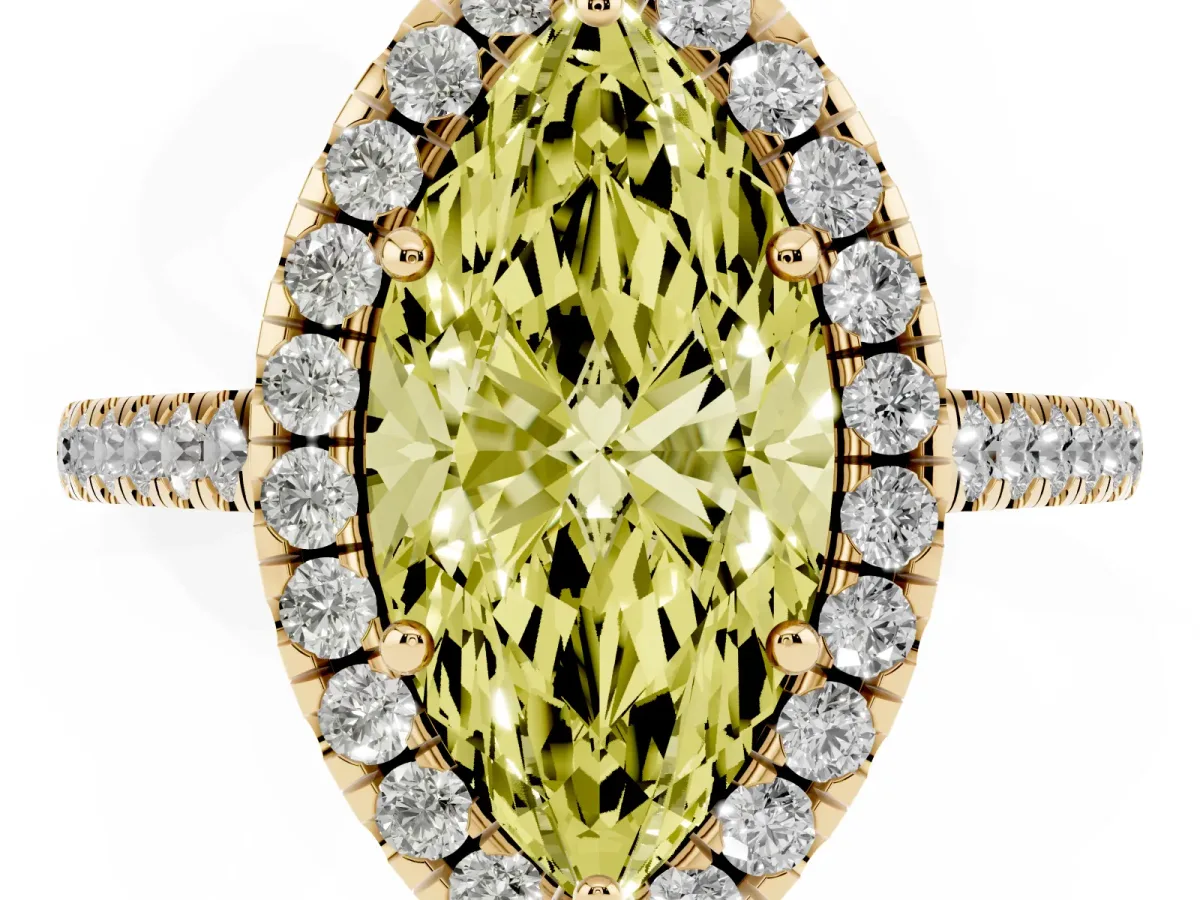 Fancy Yellow Marquise Cut Halo Pavé Diamond Engagement Ring with Four-Prong Setting Yellow gold