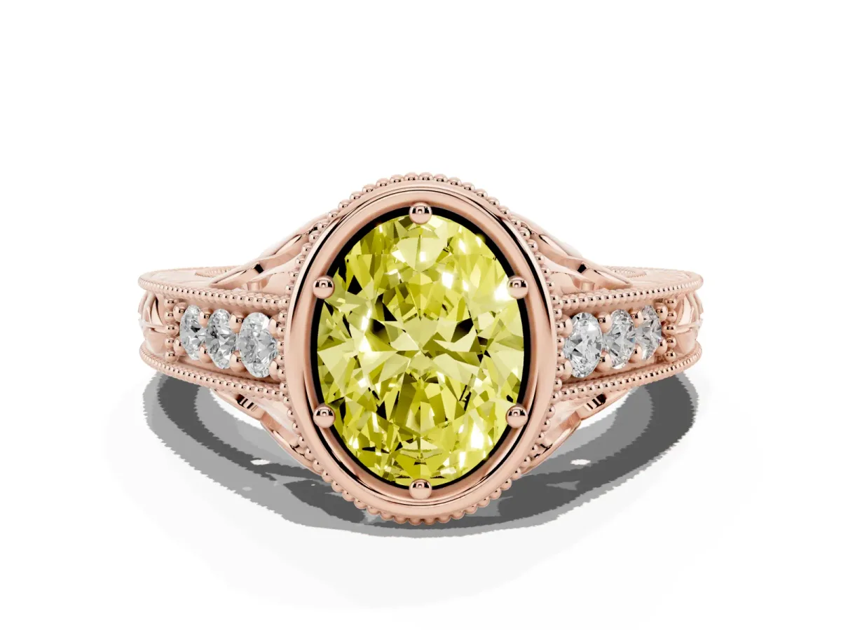 Fancy Yellow Bezel Set Oval Cut Diamond Milgrain Pave Engagement Ring Rose gold