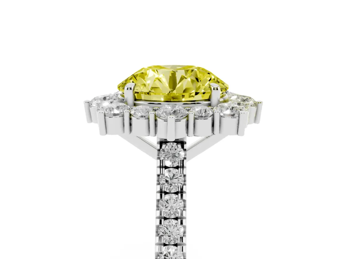 Fancy Yellow Round Cut Halo Diamond Ring with Pavé Band and Prong Setting Silver