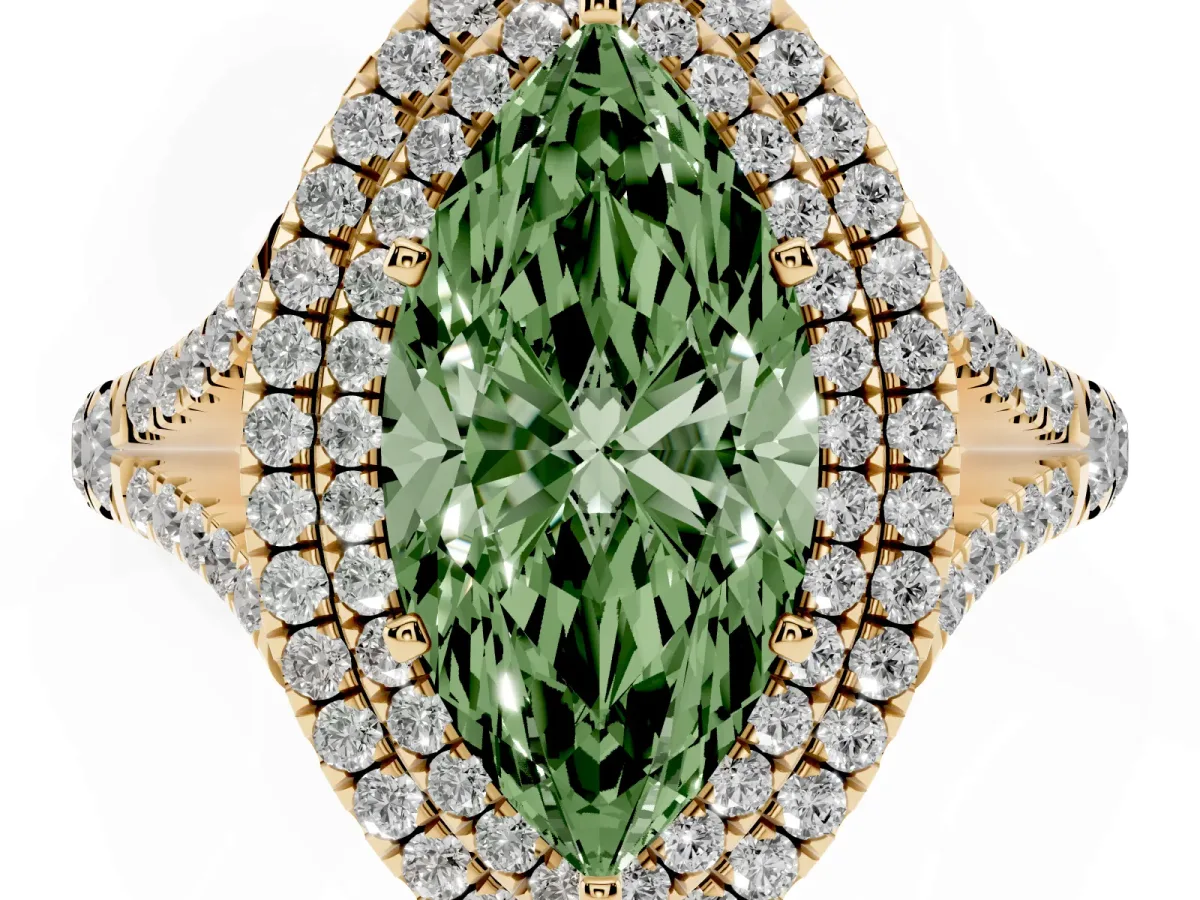 Fancy Green Double Halo Marquise Cut Diamond Split Shank Engagement Ring with Four-Prong Setting Yellow gold