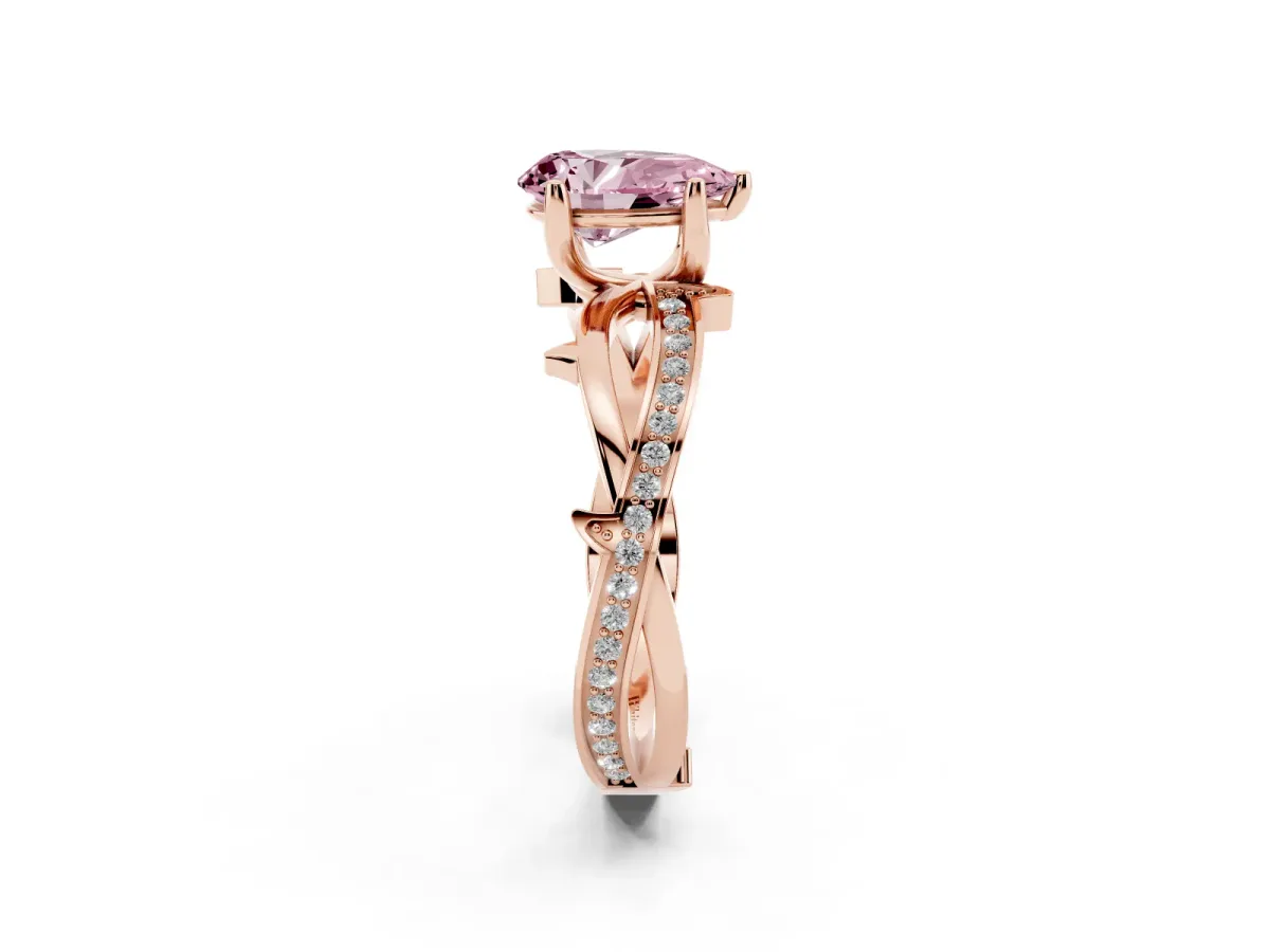 Fancy Pink Pear Cut Solitaire Twist Band with Pavé Accents and Four-Prong Setting Rose gold