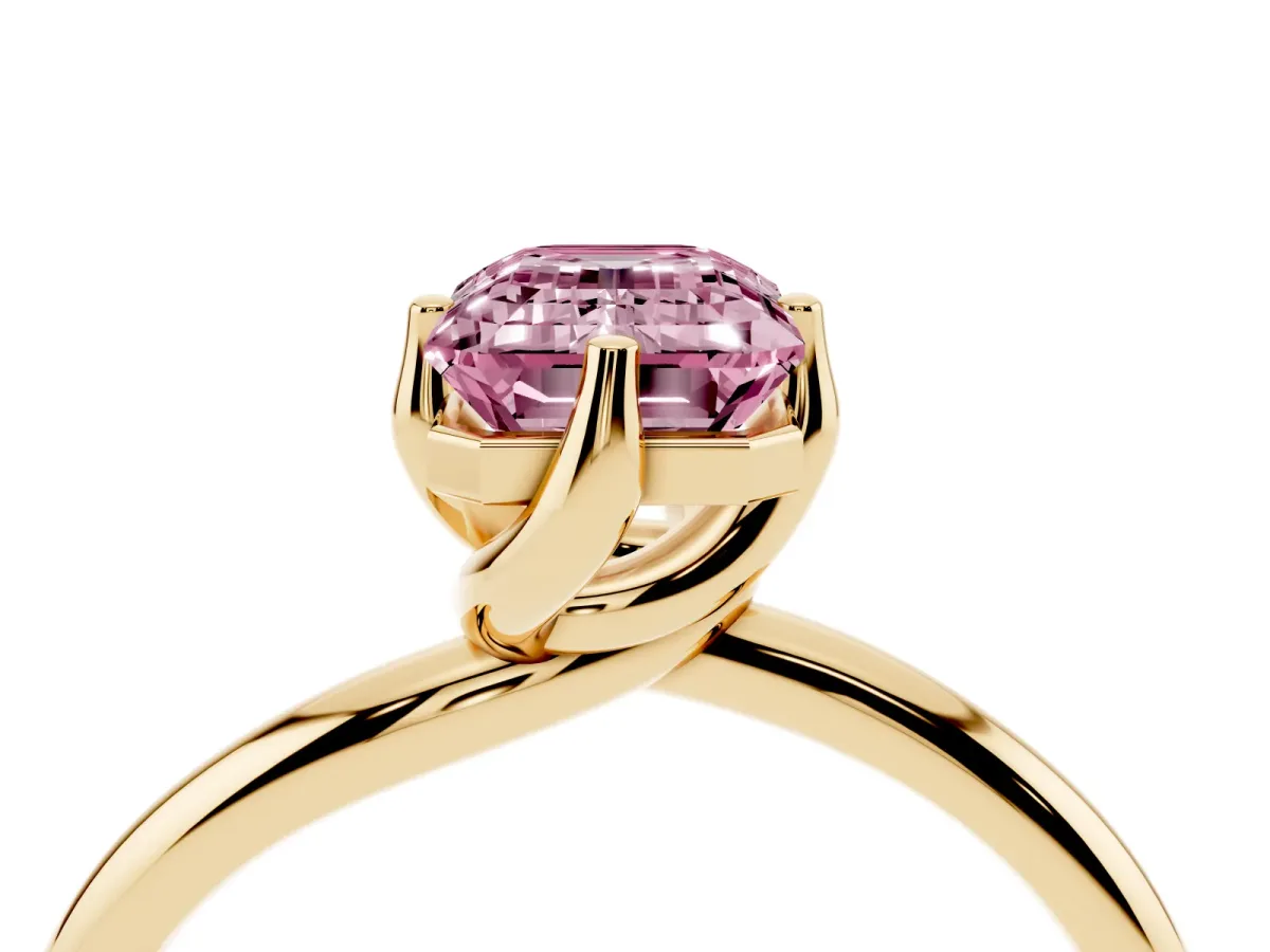 Fancy Pink Emerald Cut Diamond Solitaire Engagement Ring with Four-Prong Setting and Classic Band Yellow gold