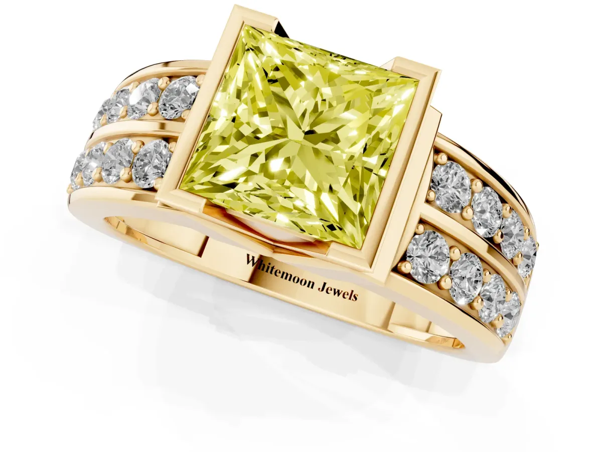 Fancy Yellow Princess Cut Brilliant Diamond Channel Set Wide Band Ring with Bezel Setting Yellow gold