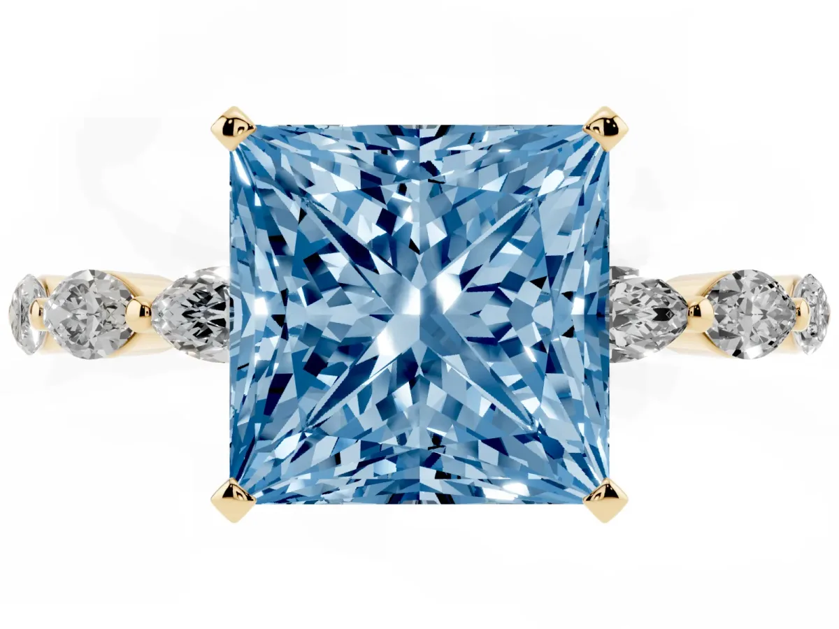 Fancy Blue Princess Cut Diamond Ring with Marquise Side Stones and Prong Setting Yellow gold