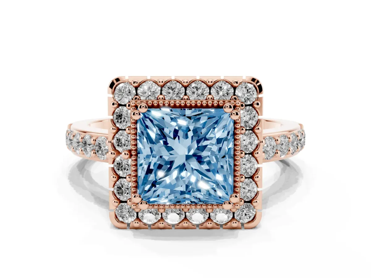 Fancy Blue Princess Cut Diamond Halo Ring with Pavé Band and Prong Setting Rose gold