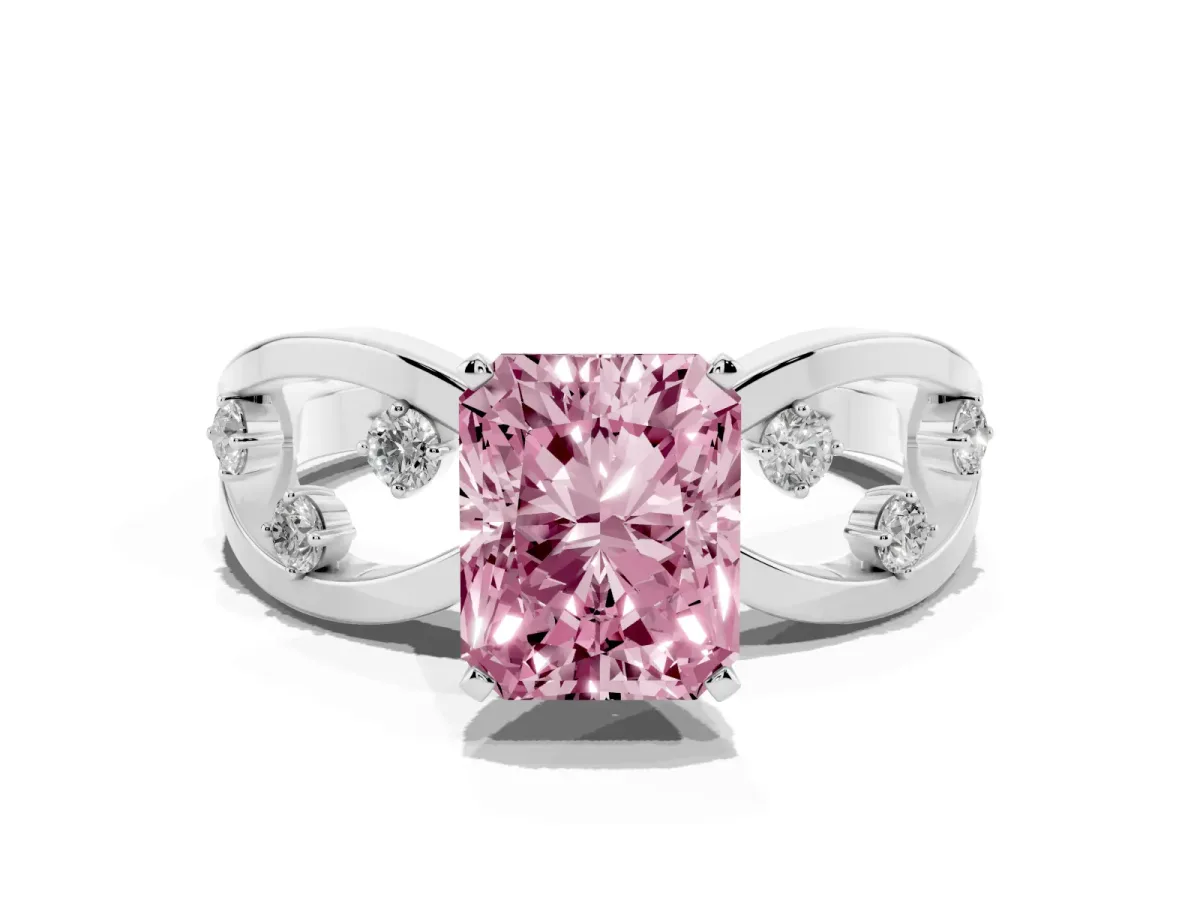 Fancy Pink Radiant Cut Cut Solitaire Diamond with Side Stones on Criss-Cross Band and Four-Prong Setting Platinum
