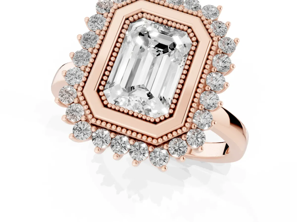 Emerald Cut Halo Diamond Ring with Milgrain Edge and Round Prong Setting Rose gold