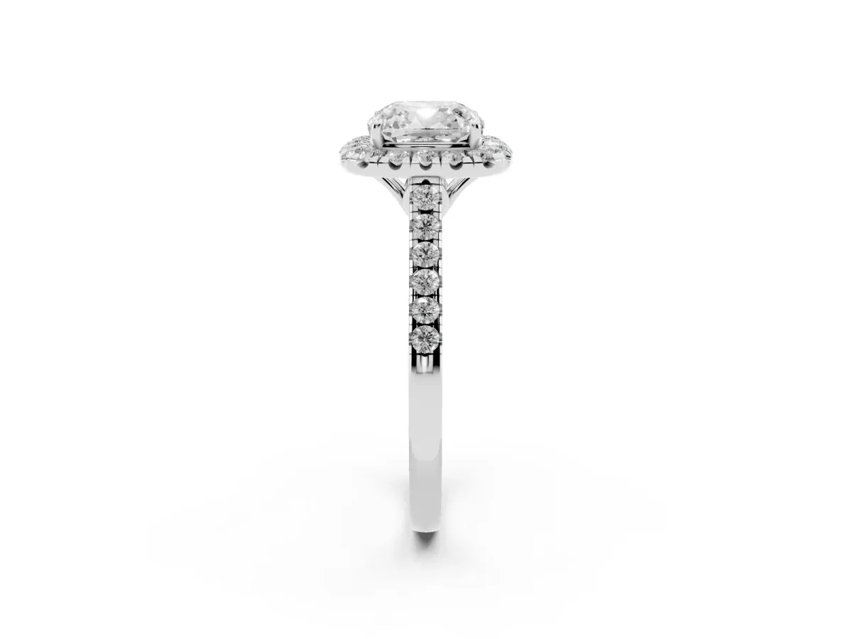 Cushion Cut Halo Pavé Diamond Engagement Ring with Four-Prong Setting Platinum