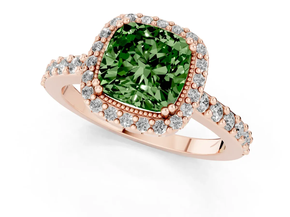 Fancy Green Cushion Cut Cut Diamond Halo Engagement Ring with Milgrain Detail and Pavé Band Rose gold