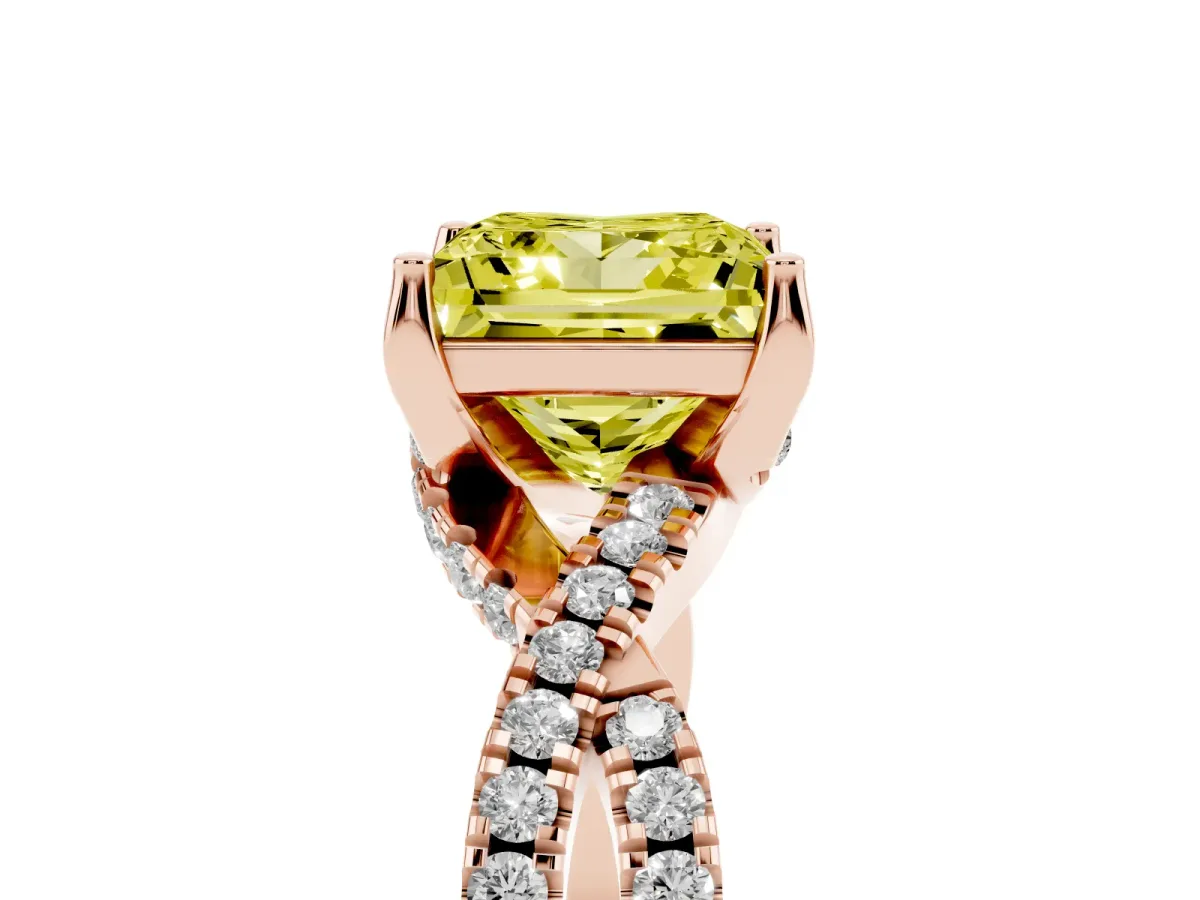 Fancy Yellow Princess Cut Solitaire Twist Pave Diamond Engagement Ring with Prong Setting Rose gold