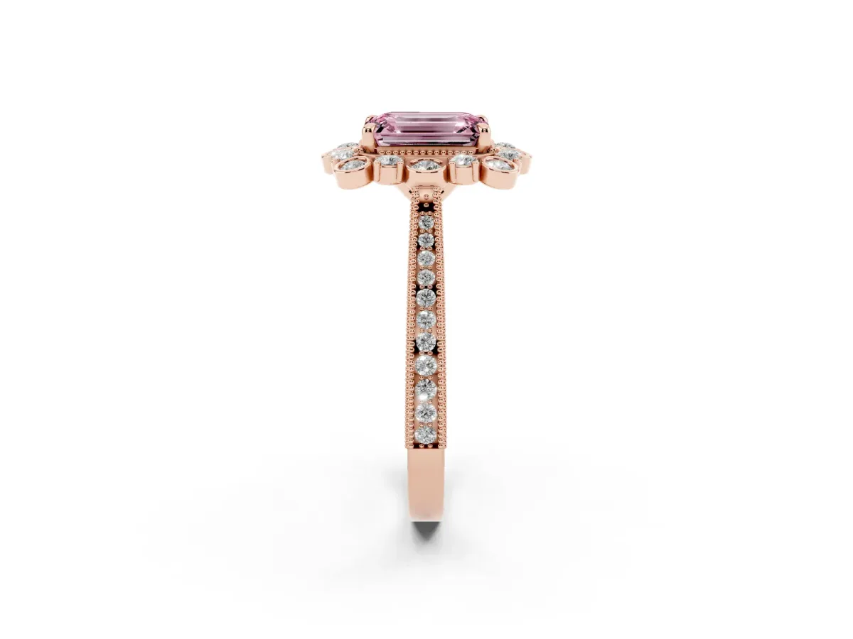 Fancy Pink Emerald Cut Halo Milgrain Pave Diamond Ring with Four-Prong Setting Rose gold