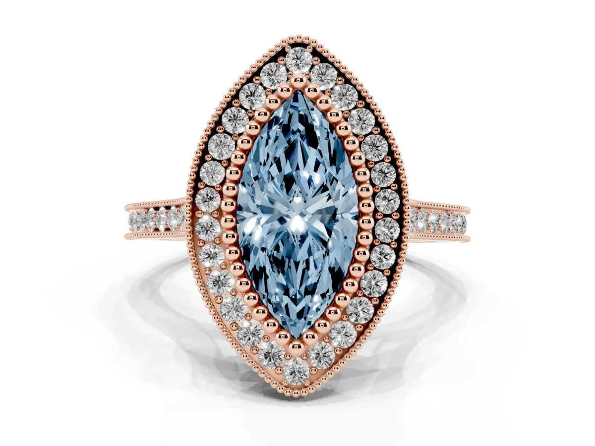 Fancy Blue Marquise Cut Diamond Halo Ring with Milgrain Frame and Pavé Band Rose gold