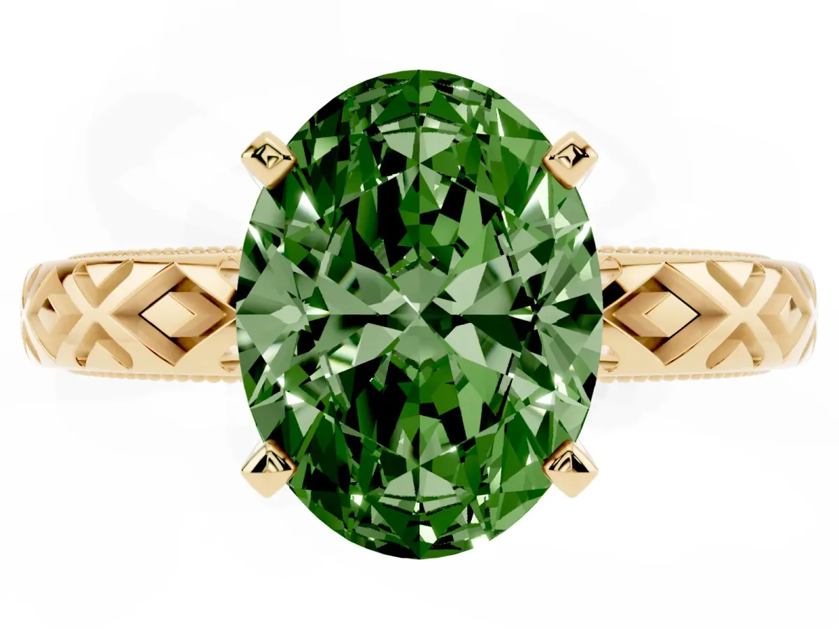 Fancy Green Oval Cut Solitaire Diamond Ring with Milgrain and Black Enamel X Pattern Band Yellow gold