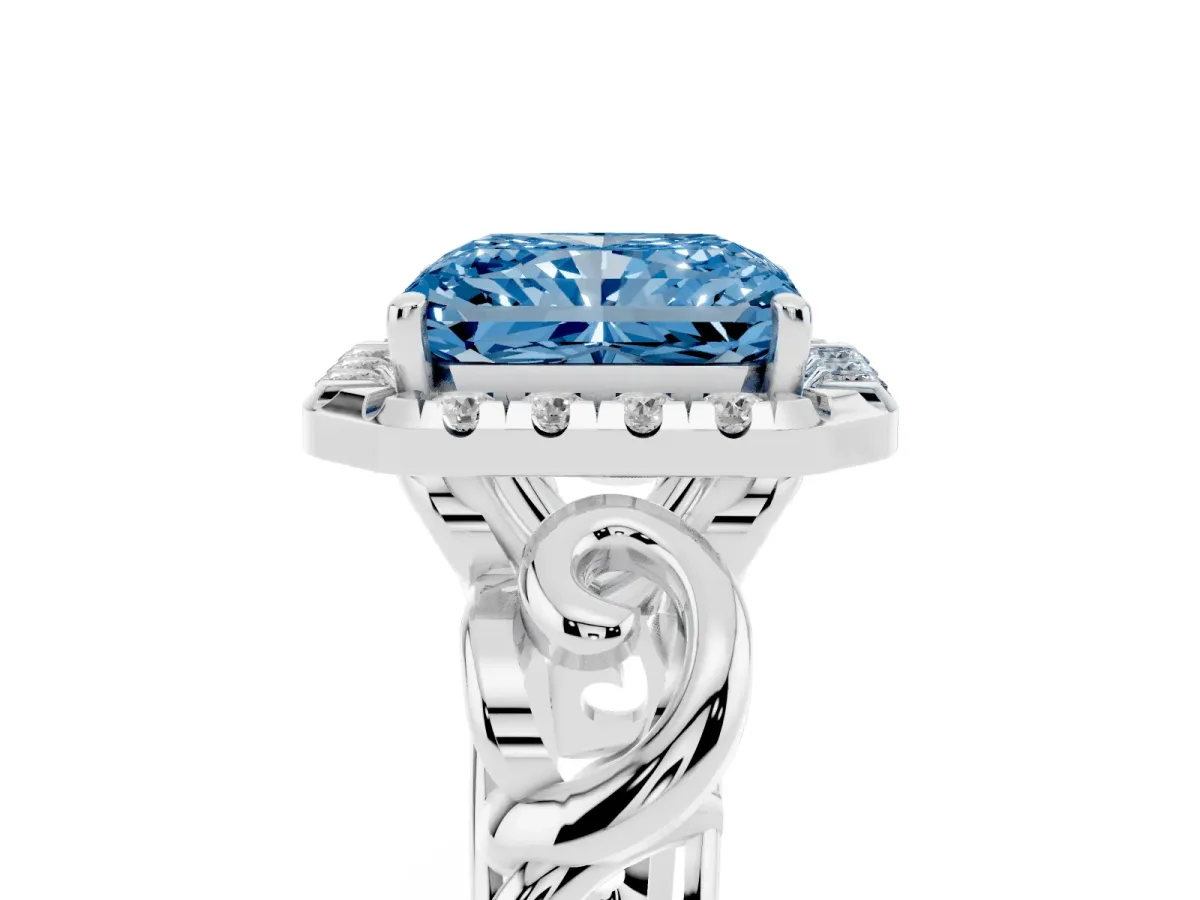 Fancy Blue Radiant Cut Cut Halo Diamond Ring with Scrollwork Band and Four-Prong Setting Silver