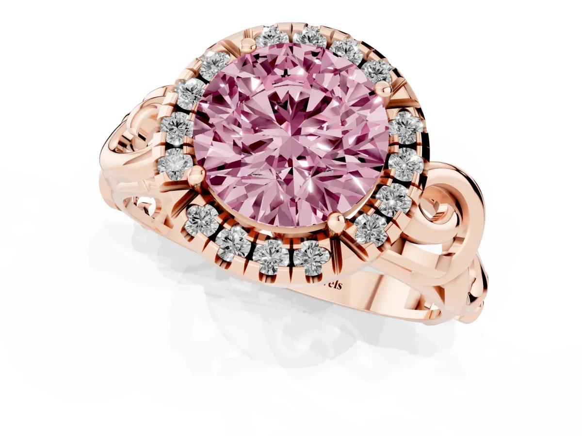 Fancy Pink Round Cut Cut Halo Diamond Ring with Scrollwork Band and Four-Prong Setting Rose gold