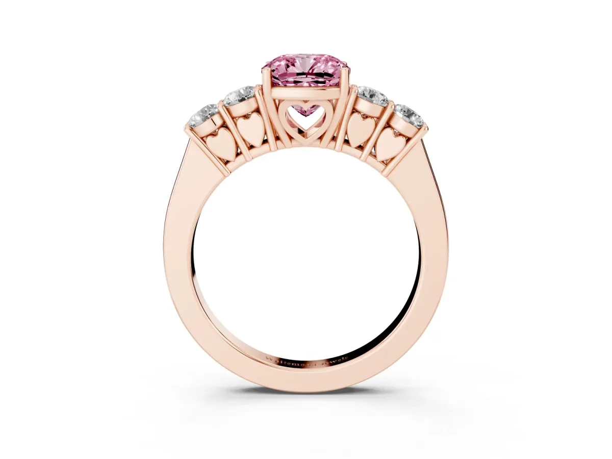 Fancy Pink Cushion Cut Cut Diamond Five-Stone Prong Set White Gold Ring Rose gold
