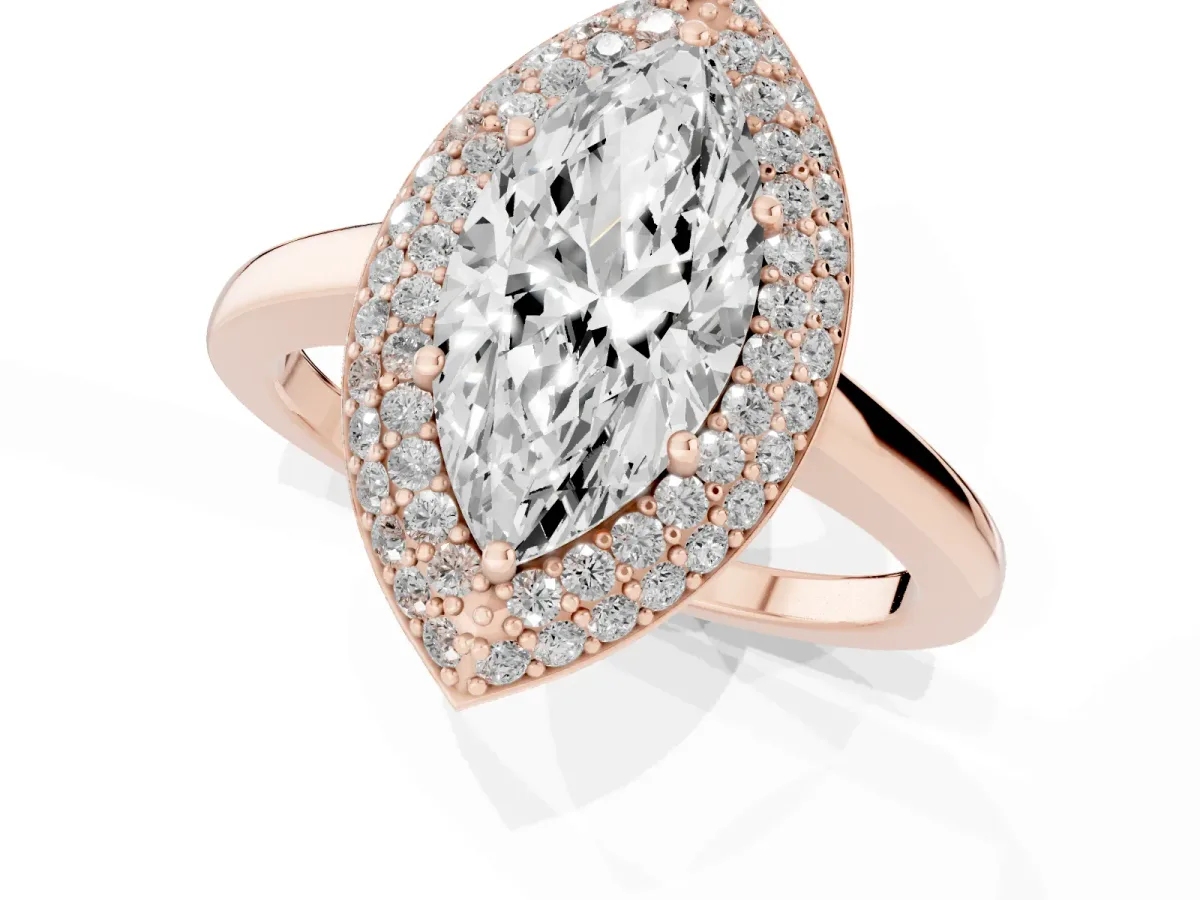 Marquise Cut Halo Diamond Engagement Ring with Solitaire Band and Four-Prong Setting Rose gold