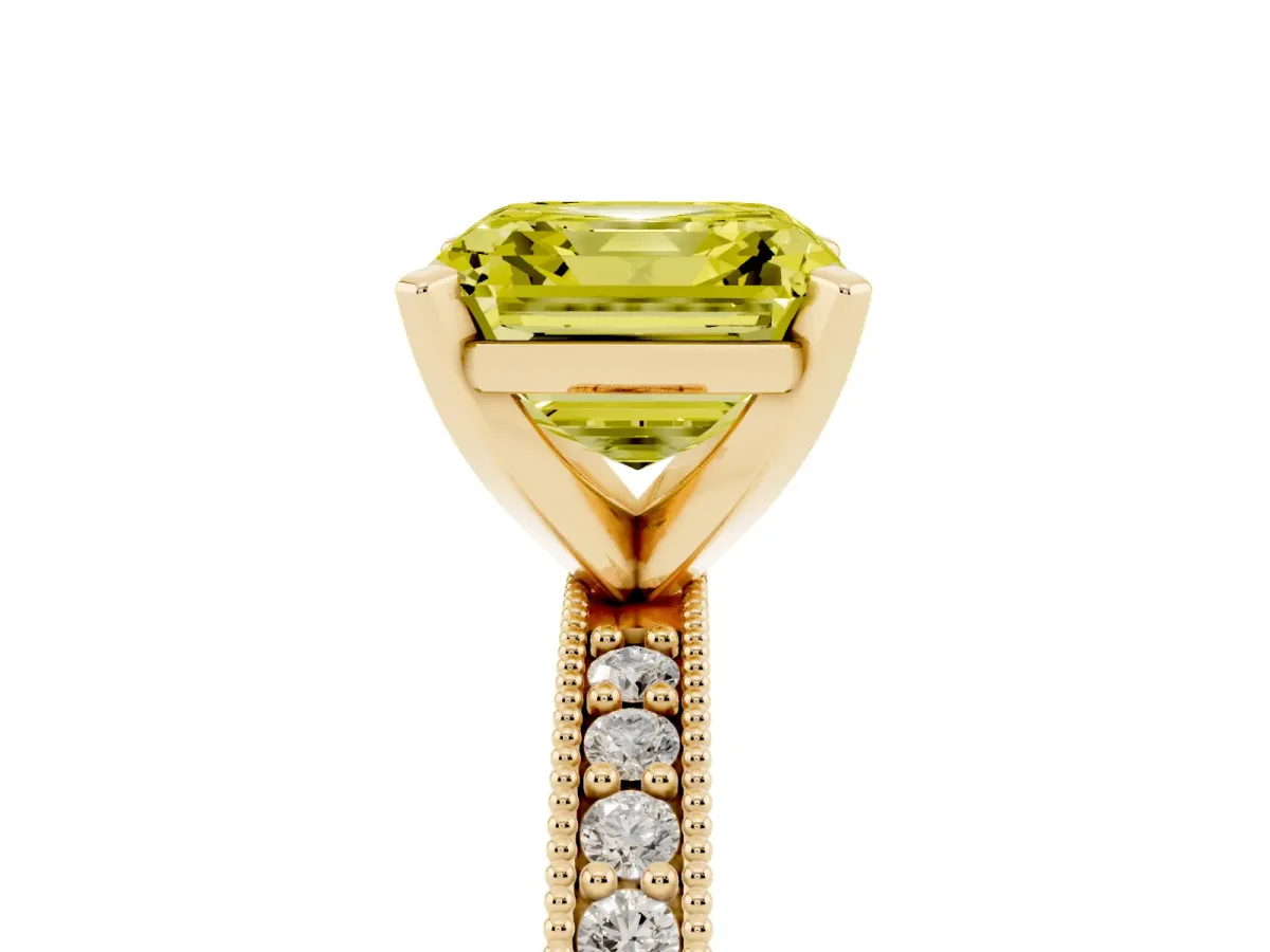 Fancy Yellow Asscher Cut Diamond Milgrain Pavé Engagement Ring with Four-Prong Setting Yellow gold