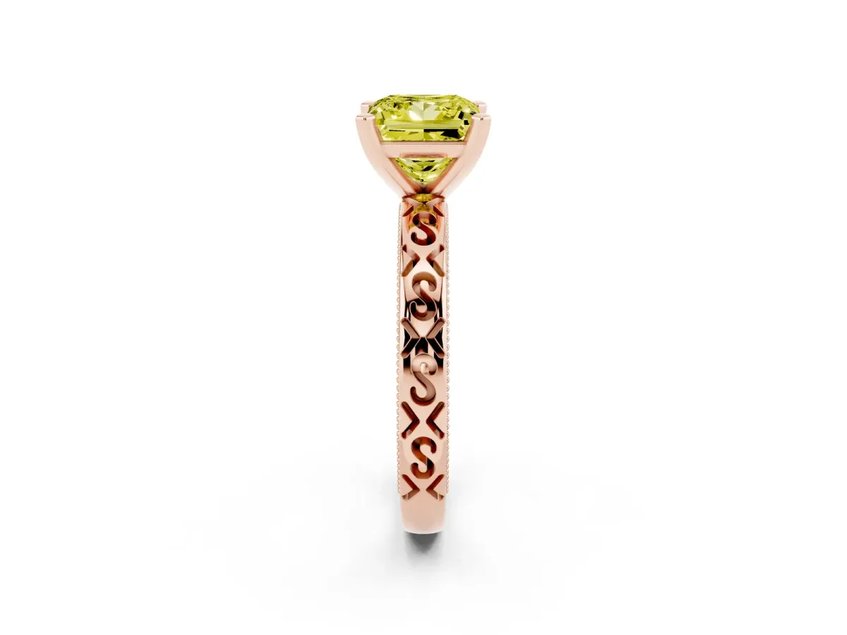 Fancy Yellow Princess Cut Solitaire Engagement Ring with Scrollwork Band and Four-Prong Setting Rose gold