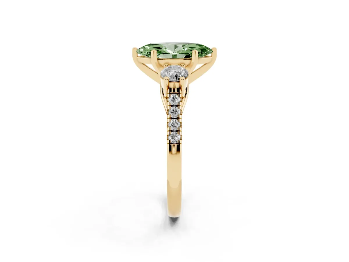 Fancy Green Three-Stone Marquise Cut Diamond Pavé Band with Four-Prong Setting Yellow gold