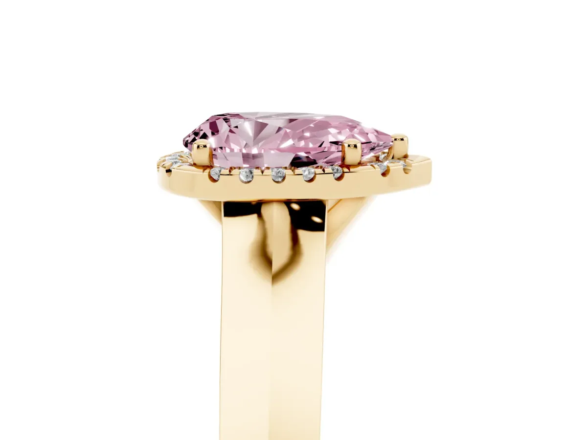 Fancy Pink Pear Cut Halo Diamond Ring with Cathedral Band and Four-Prong Setting Yellow gold