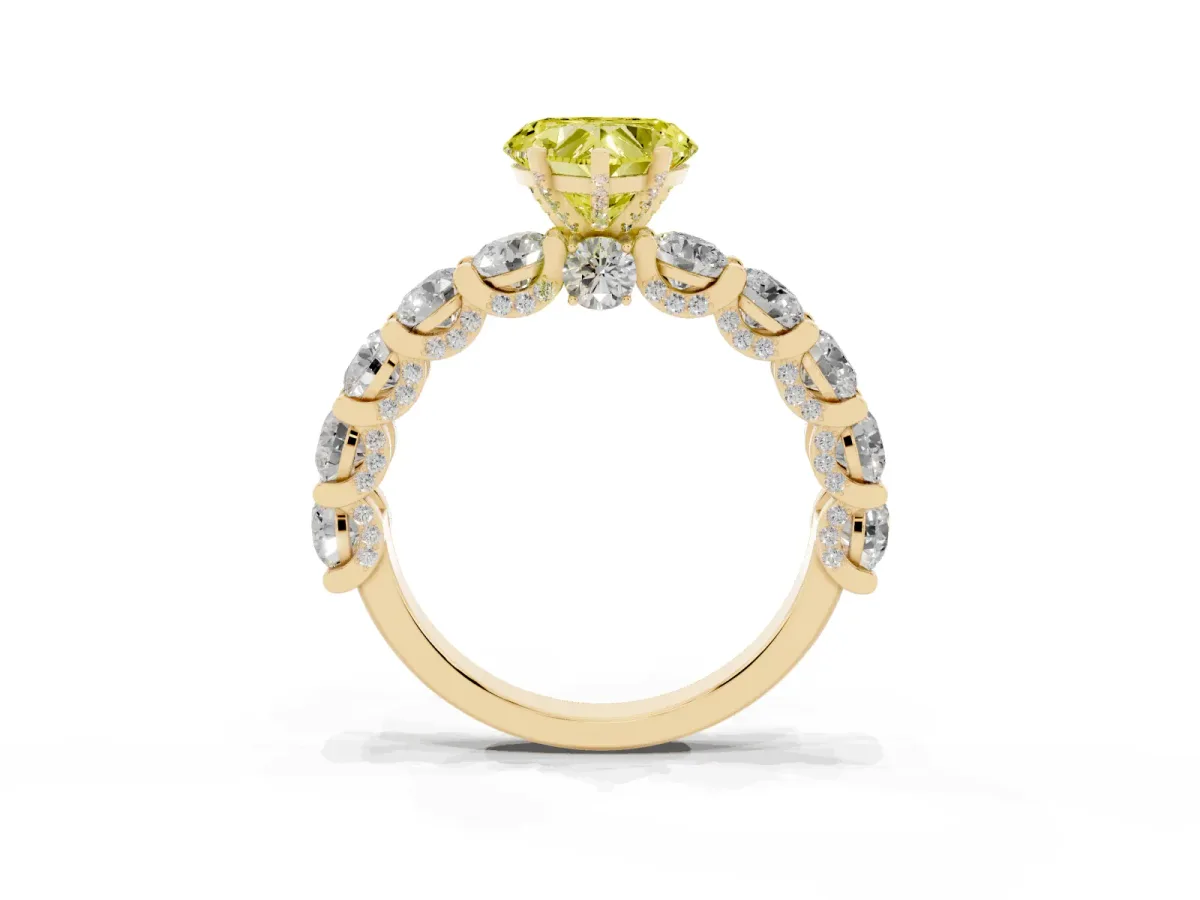 Fancy Yellow Heart Cut Diamond Side Stone Engagement Ring with Four-Prong Setting Yellow gold