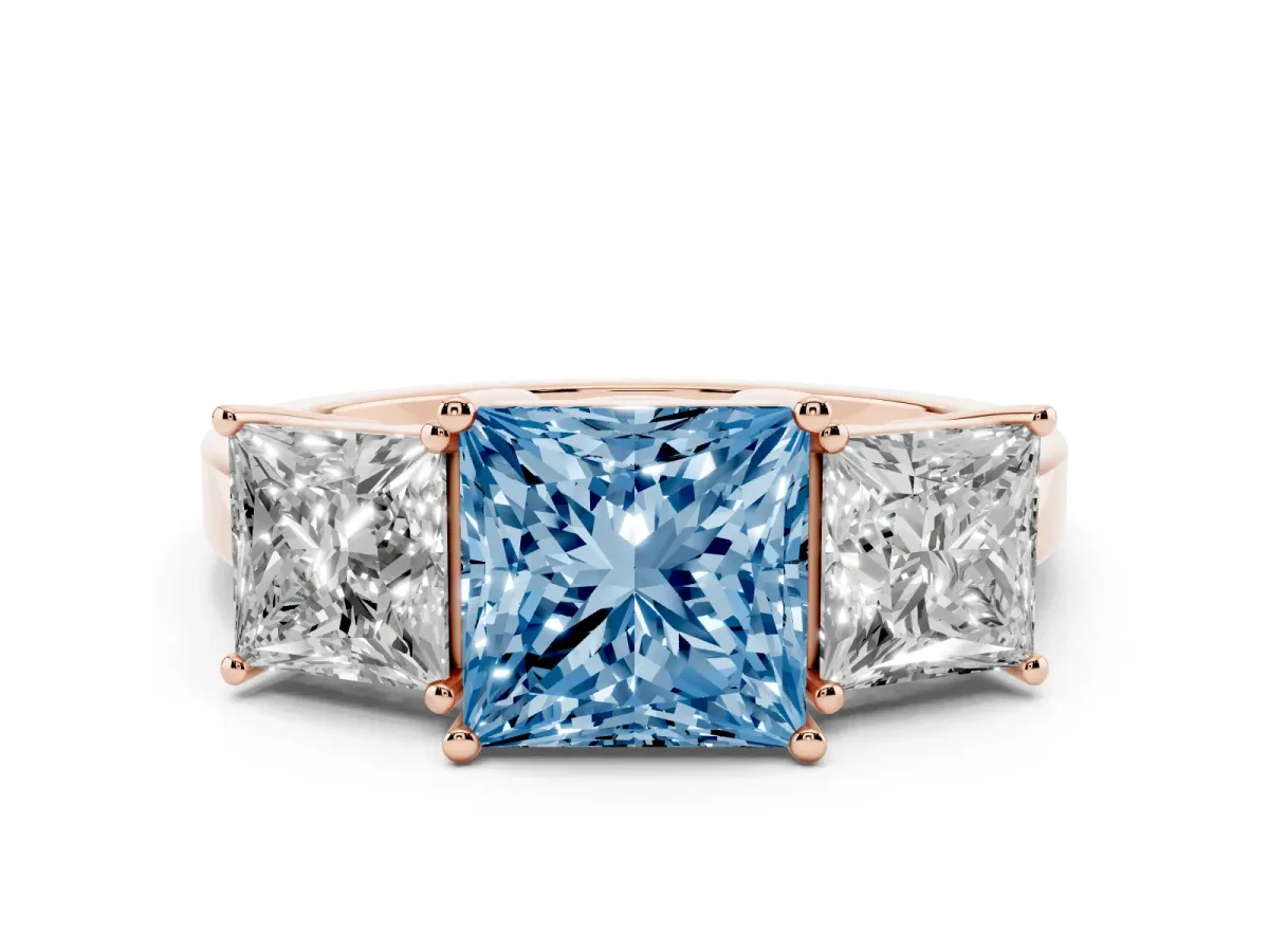 Fancy Blue Three-Stone Princess Cut Cut Diamond Engagement Ring with Flat Band and Four-Prong Setting Rose gold